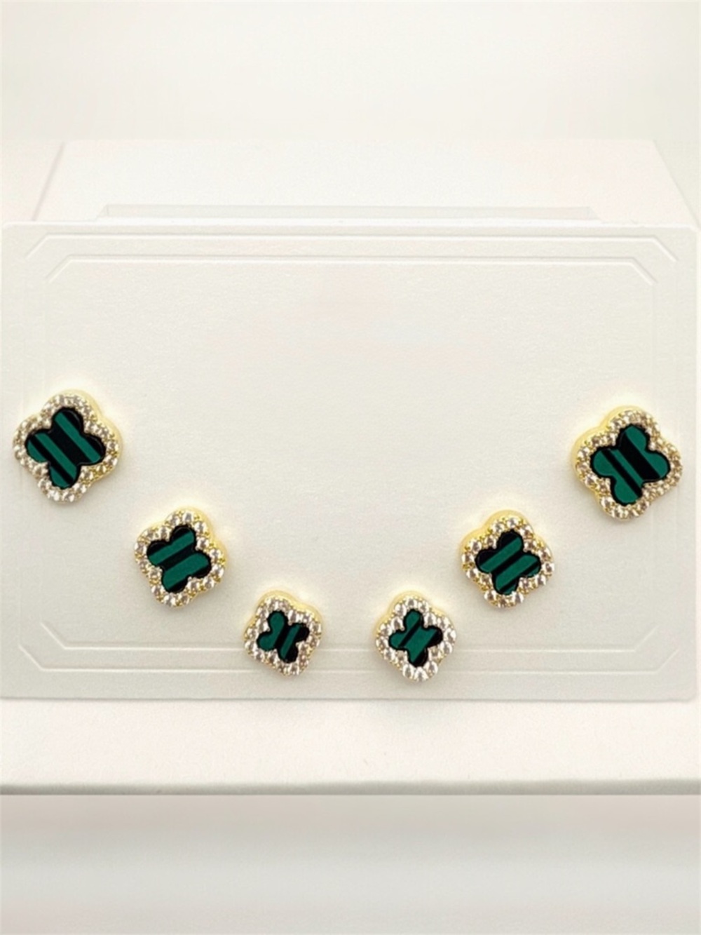Malachite & Gold Clover Earrings Set 6 Pc Gold Plated